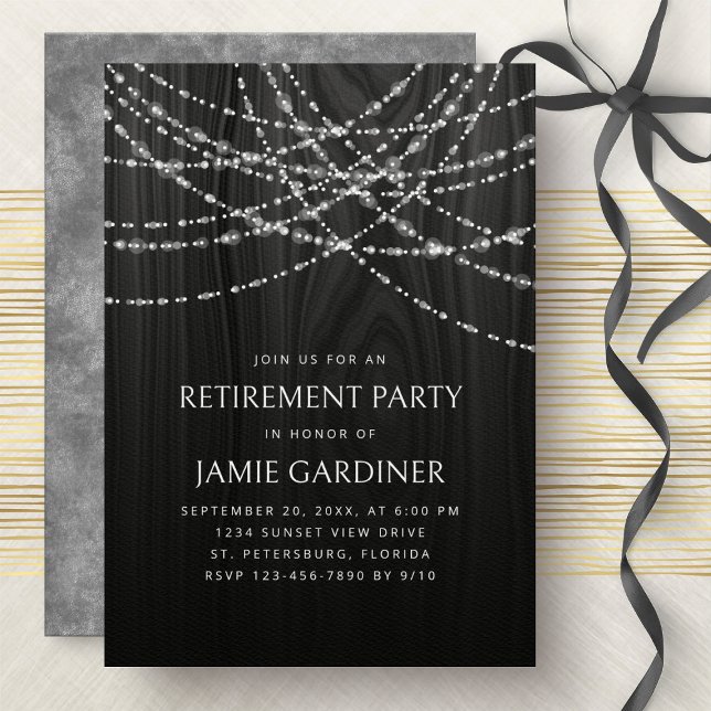 String Lights Black Wood Rustic Retirement Party Invitation (Creator Uploaded)