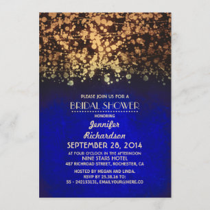 string lights blue and gold bridal shower invitation