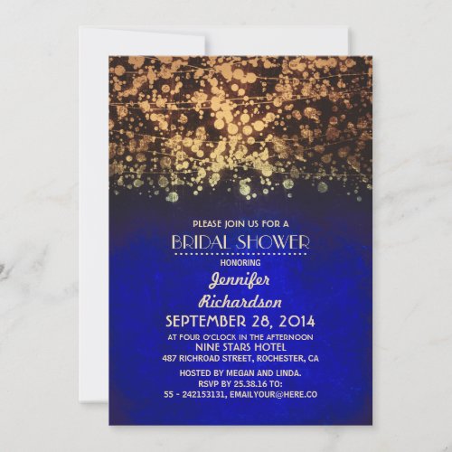 string lights blue and gold bridal shower invitation