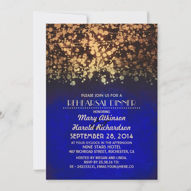 string lights blue and gold rehearsal dinner invitation (Front)