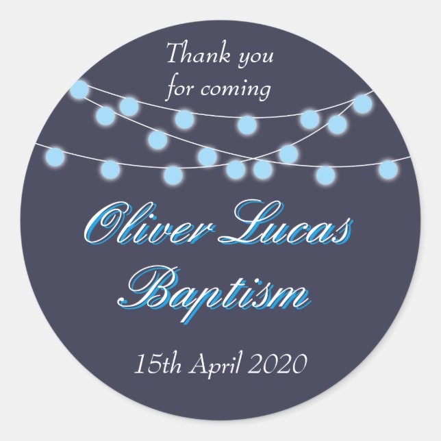String Lights Blue Baptism Christening Favor Classic Round Sticker (Front)