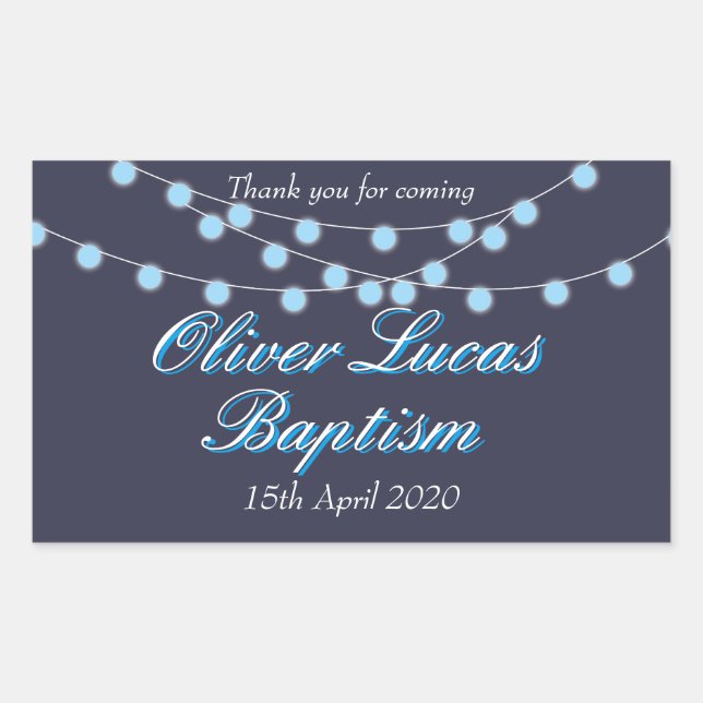 String Lights Blue Baptism Christening Favor Rectangular Sticker (Front)