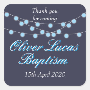 String Lights Blue Baptism Christening Favor Square Sticker