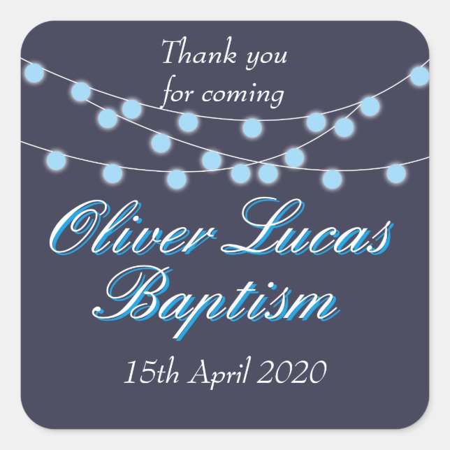 String Lights Blue Baptism Christening Favor Square Sticker (Front)