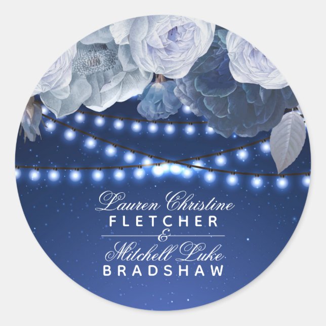 String lights Blue Elegant Wedding Classic Round Sticker (Front)