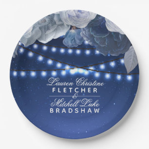 String lights Blue Elegant Wedding Paper Plates