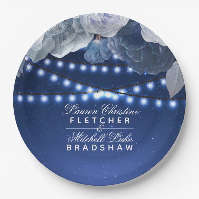 String lights Blue Elegant Wedding Paper Plates (Front)