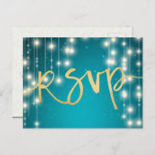 String Lights Blue Gold Script Wedding RSVP Reply Invitation Postcard (Front/Back)