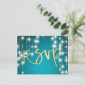 String Lights Blue Gold Script Wedding RSVP Reply Invitation Postcard (Standing Front)