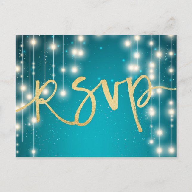 String Lights Blue Gold Script Wedding RSVP Reply Invitation Postcard (Front)