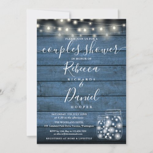 String Lights Blue Jars Script Couples Shower Invitation