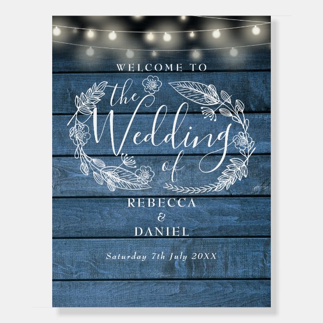 String Lights Blue lRustic Wedding Welcome Sign (Front)