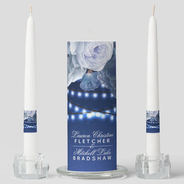 String lights Blue Personalized Wedding Unity Candle Set (Front)