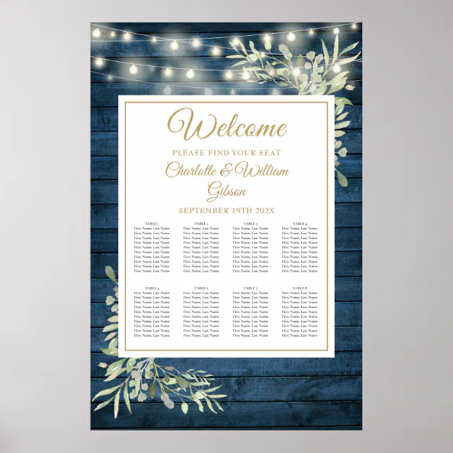 String Light Seating String Lights Blue Rustic Floral Seating Chart | Zazzle