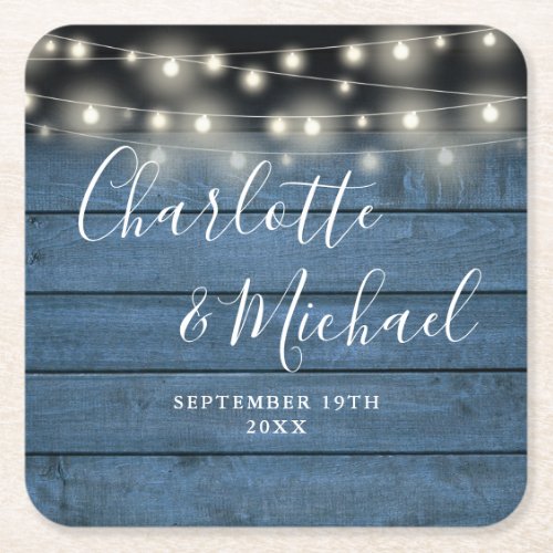 String Lights Blue Rustic Signature Script Wedding Square Paper Coaster