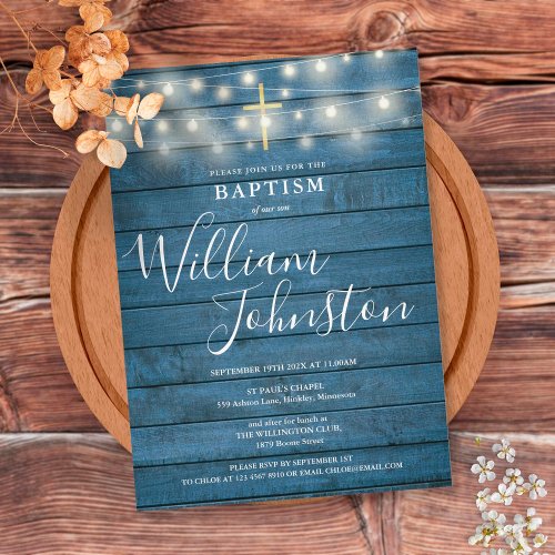 String Lights Blue Rustic Wood Baptism Christening Invitation
