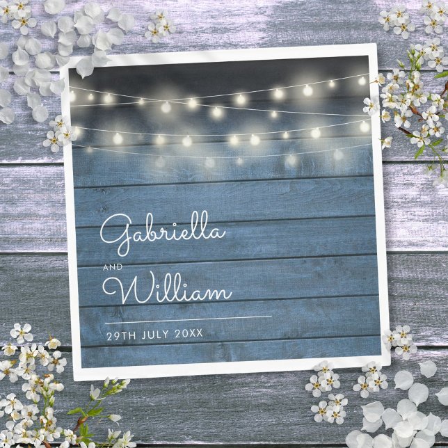 String Lights Blue Rustic Wood Elegant Script Napkins (String Lights Blue Rustic Wood Elegant Script Napkins)