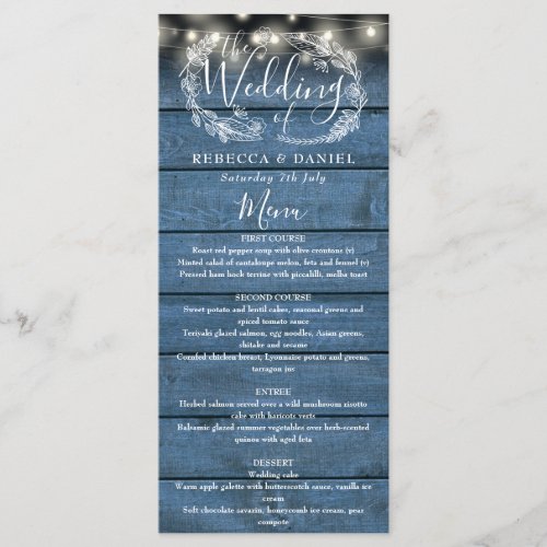 String Lights Blue Rustic Wood Floral Wedding Menu