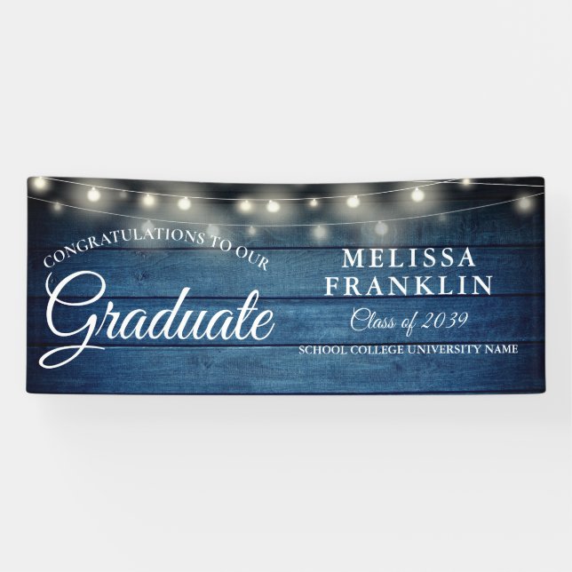 String Lights Blue Rustic Wood Graduation Banner (Horizontal)