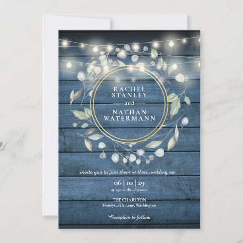 String Lights Blue Rustic Wood Greenery Wedding In Invitation