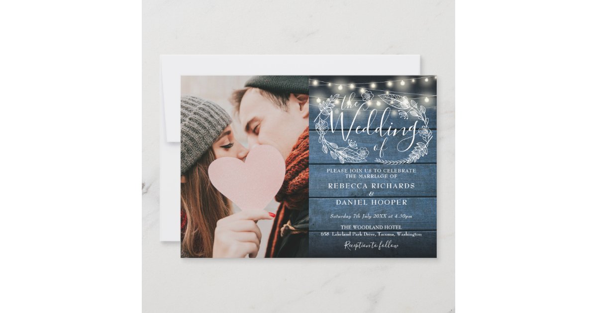 String Lights Blue Rustic Wood Photo Wedding Invitation | Zazzle