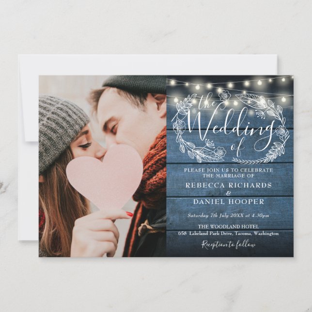 String Lights Blue Rustic Wood Photo Wedding Invitation (Front)