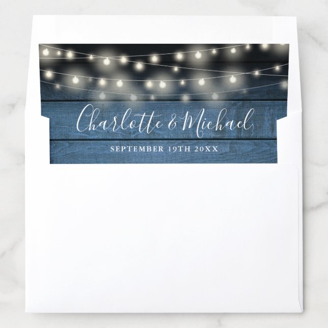 String Lights Blue Rustic Wood Script Wedding Envelope Liner (In Envelope)