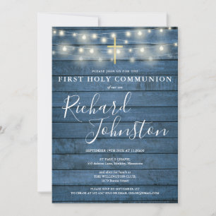 String Lights Blue Wood First Holy Communion Invitation