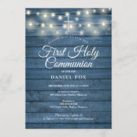 String Lights Blue Wood First Holy Communion Invitation