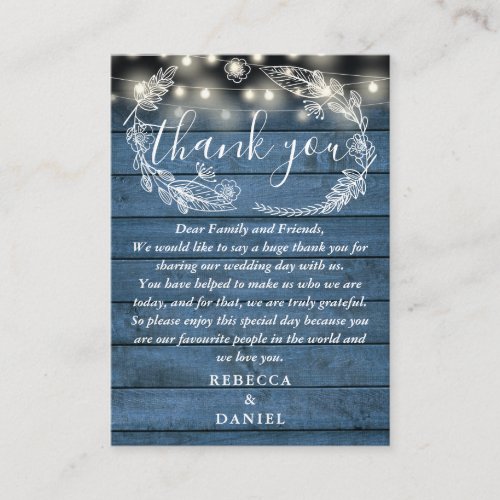 String Lights Blue Wood Floral Wedding Thank You Place Card