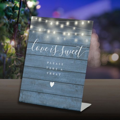 String Lights Blue Wood Love Is Sweet Favor  Pedestal Sign