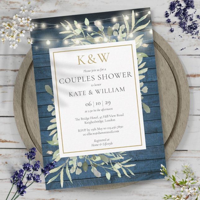 String Lights Blue Wood Monogram Couples Shower Invitation (String Lights Blue Wood Monogram Couples Shower Invitation)