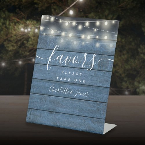 String Lights Blue Wood Wedding Favors Table Pedestal Sign