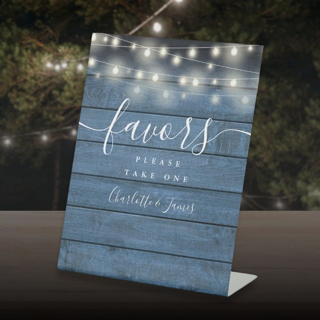 String Lights Blue Wood Wedding Favors Table Pedestal Sign (String Lights Blue Wood Wedding Favors Table Pedestal Sign)