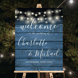 String Lights Blue Wood Wedding Welcome Sign