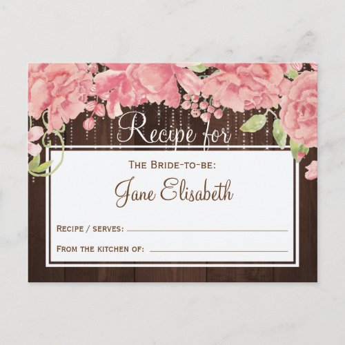 String lights blush floral bride to be recipe card