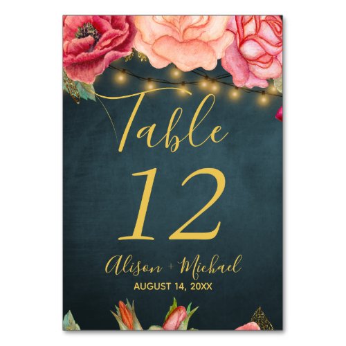 String lights blush pink roses gold navy wedding table number