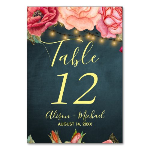 String lights blush pink roses navy wedding table number