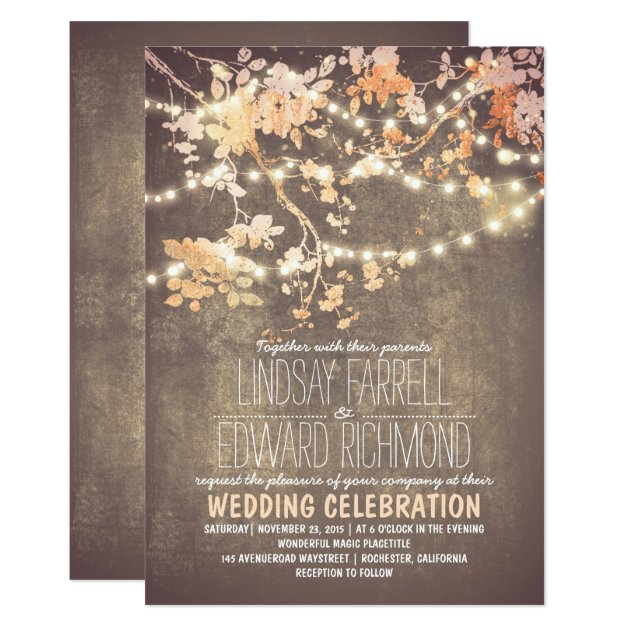 String Lights Branch Rustic Vintage Blush Wedding Invitation