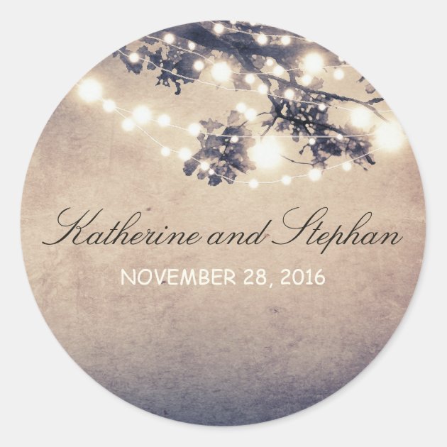 String Lights Branches Rustic Wedding Classic Round Sticker