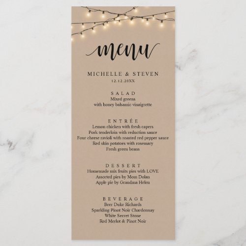 String Lights Brown Kraft Wedding Elopement Dinner Menu