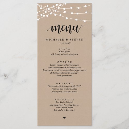 String Lights Brown Kraft Wedding Elopement Dinner Menu