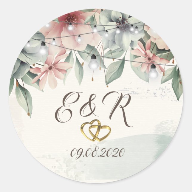 String Lights,Brush Stroke,Floral Hearts Wedding Classic Round Sticker (Front)