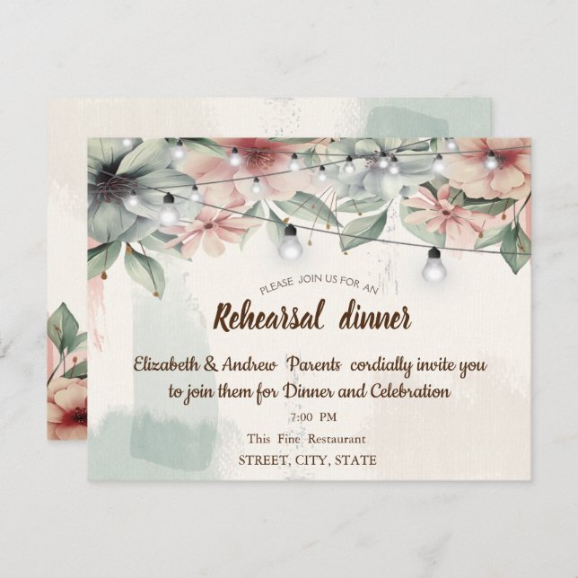 String Lights,Brush Stroke,Floral Rehearsal Dinner Invitation (Front/Back)