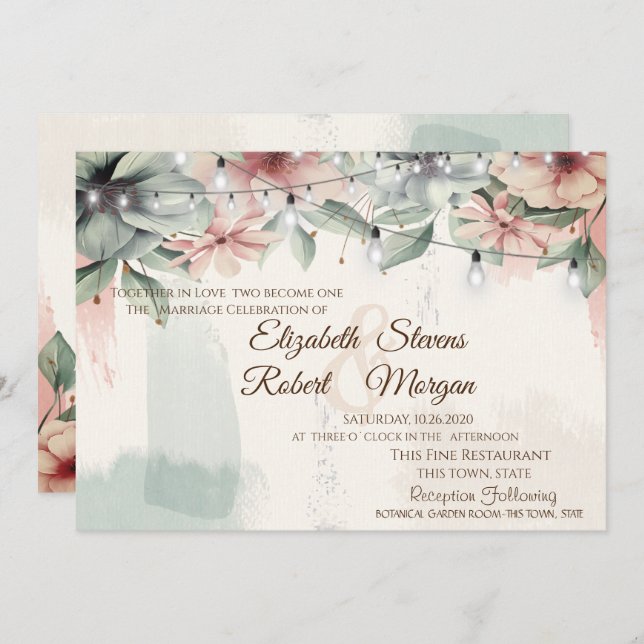 String Lights,Brush Stroke,Floral Wedding Invitation (Front/Back)