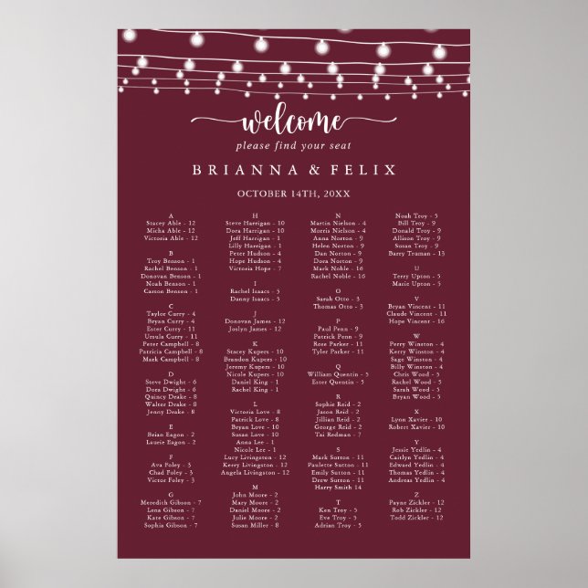 String Lights Burgundy Alphabetical Seating Chart (Front)
