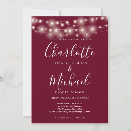 String Lights Burgundy Elegant Script Wedding  Invitation