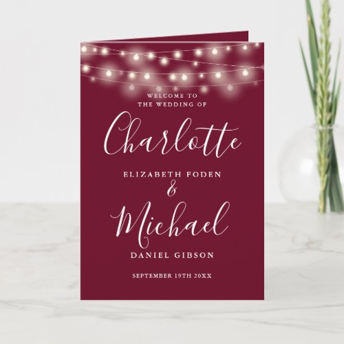 String Lights Burgundy Elegant Script Wedding Program