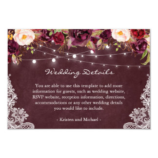 String Lights Burgundy Floral Lace Wedding Details Card