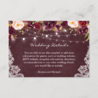 String Lights Burgundy Floral Lace Wedding Details Enclosure Card